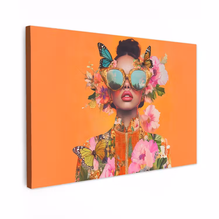 Canvas schilderij - Vlinders - Vrouw - Zonnebril - Kleurrijk — 1