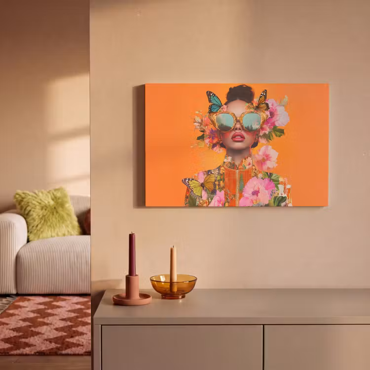 Canvas schilderij - Vlinders - Vrouw - Zonnebril - Kleurrijk — 2
