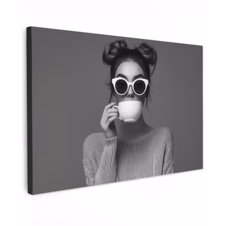 Canvas schilderij - Vrouw - Koffie - Zwart - Wit — 1