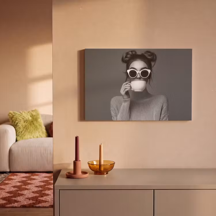 Canvas schilderij - Vrouw - Koffie - Zwart - Wit — 2