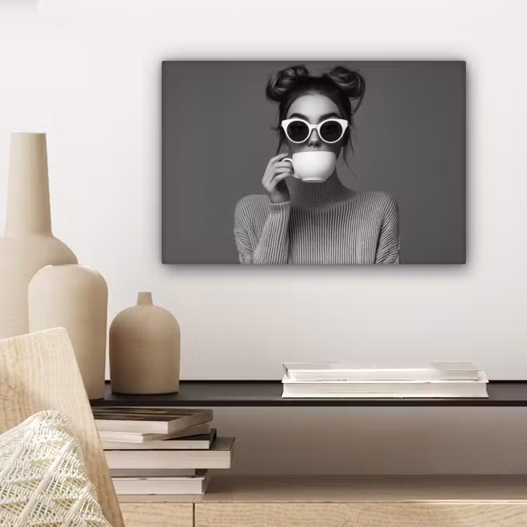 Canvas schilderij - Vrouw - Koffie - Zwart - Wit — 5