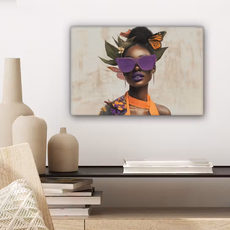 Canvas schilderij - Vrouw - Zonnebril - Vlinder - Bloemen — 5