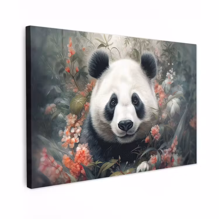 Canvas schilderij - Panda - Wilde dieren - Bloemen - Natuur — 1