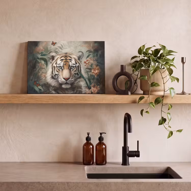 Canvas schilderij - Tijger - Vlinders - Dieren - Jungle - Bloemen — 3