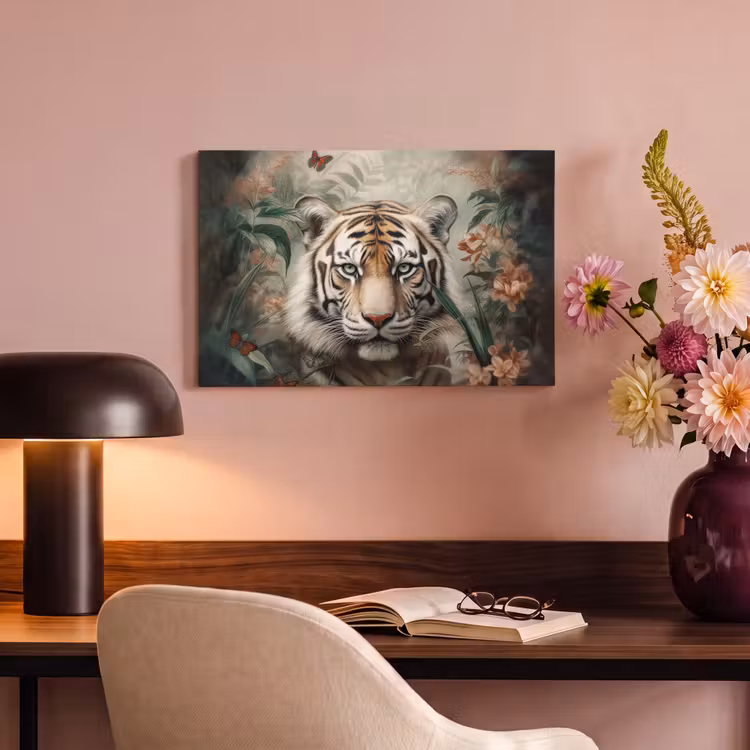 Canvas schilderij - Tijger - Vlinders - Dieren - Jungle - Bloemen — 4