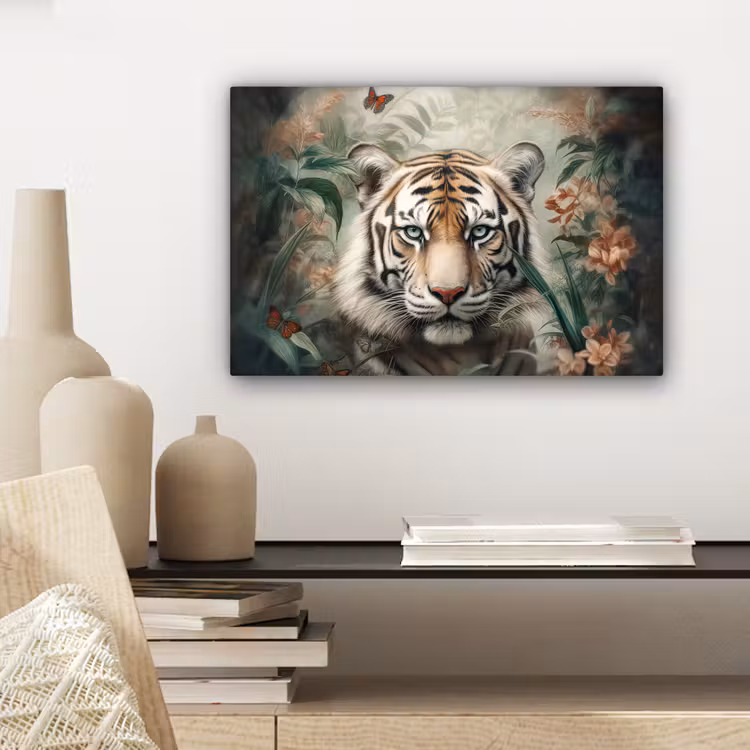 Canvas schilderij - Tijger - Vlinders - Dieren - Jungle - Bloemen — 5