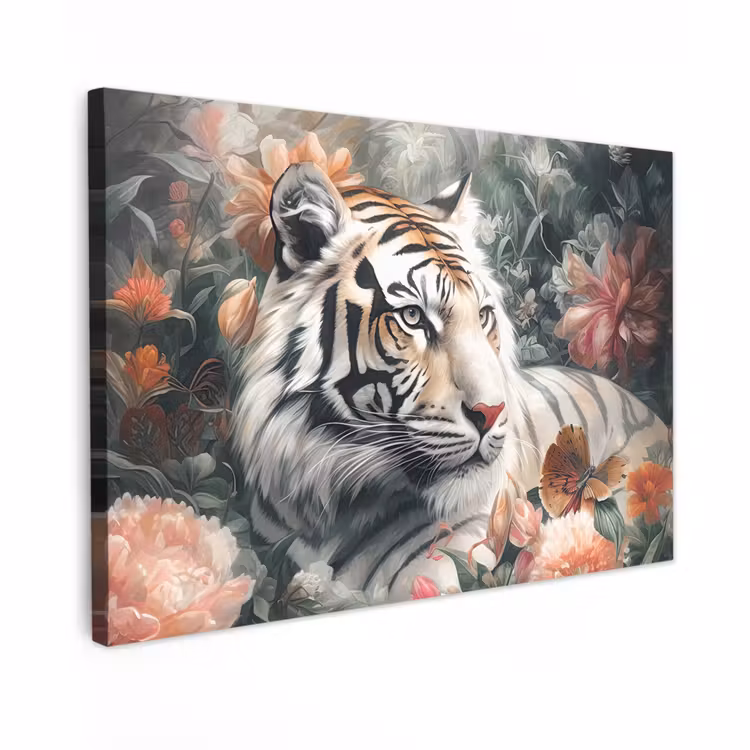 Canvas schilderij - Tijger - Wilde dieren - Bloemen - Jungle — 1