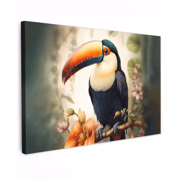 Canvas schilderij - Toekan - Vogel - Bloemen - Planten — 1