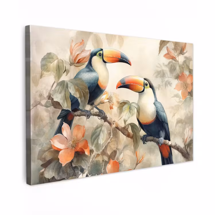 Canvas schilderij - Toekan - Vogels - Bloemen - Tak — 1