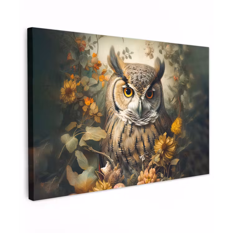 Canvas schilderij - Uil - Vogels - Bloemen - Natuur — 1