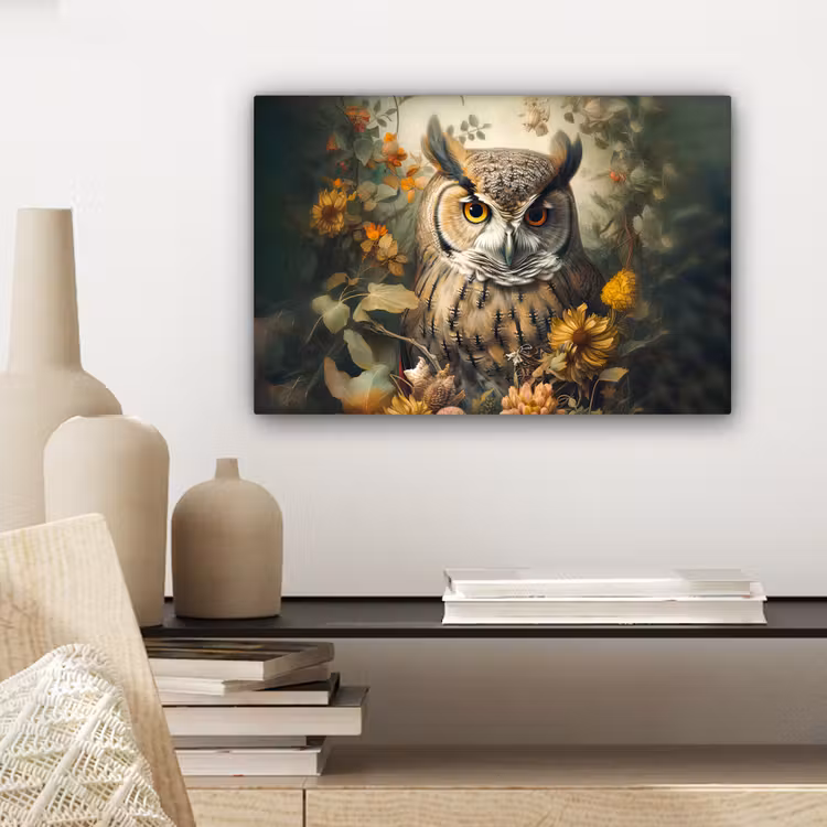 Canvas schilderij - Uil - Vogels - Bloemen - Natuur — 5