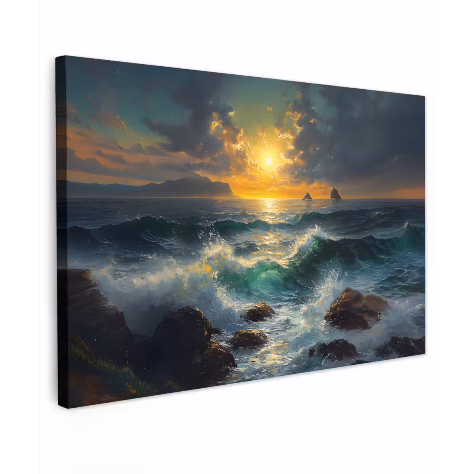 Canvas schilderij - Zee - Zon - Golven - Rotsen — 1