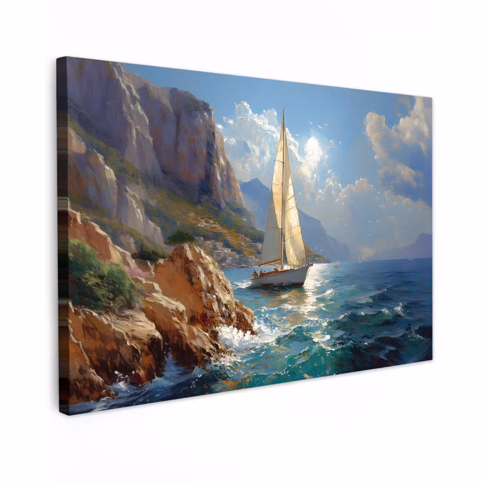 Canvas schilderij - Zeilschip - Zee - Rotsen - Wolken — 1
