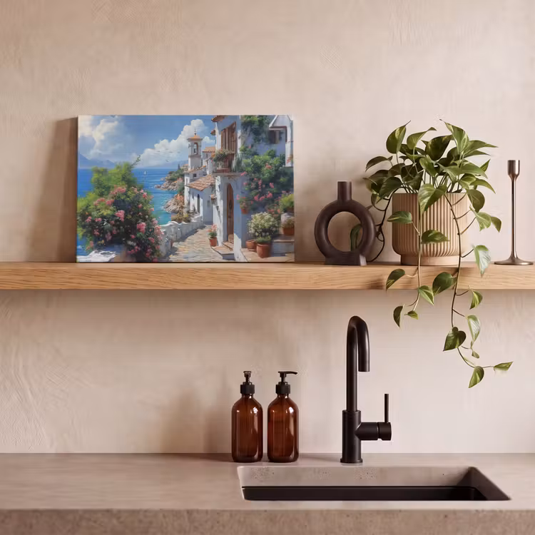 Canvas schilderij - Huizen - Zee - Bomen - Bloemen — 3