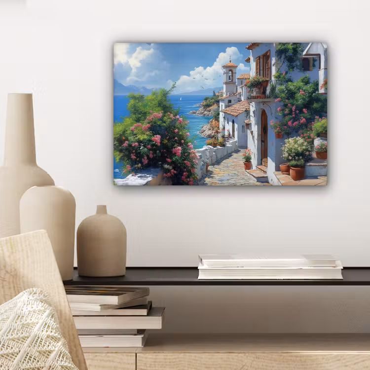 Canvas schilderij - Huizen - Zee - Bomen - Bloemen — 5