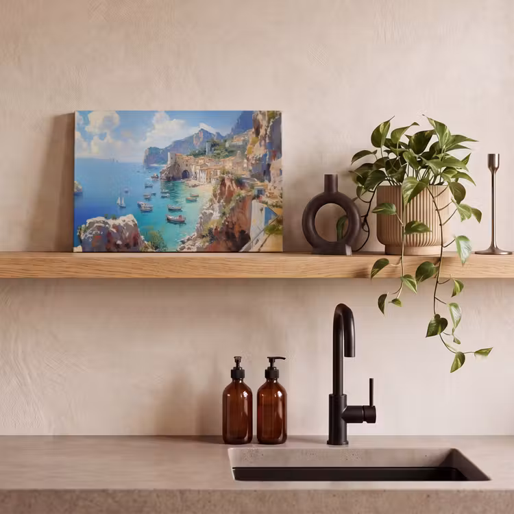 Canvas schilderij - Kustdorp - Schilderij - Rotsen - Boten — 3