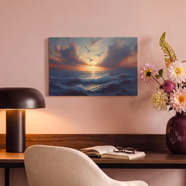 Canvas schilderij - Meeuwen - Zonsondergang - Zee - Wolken — 4