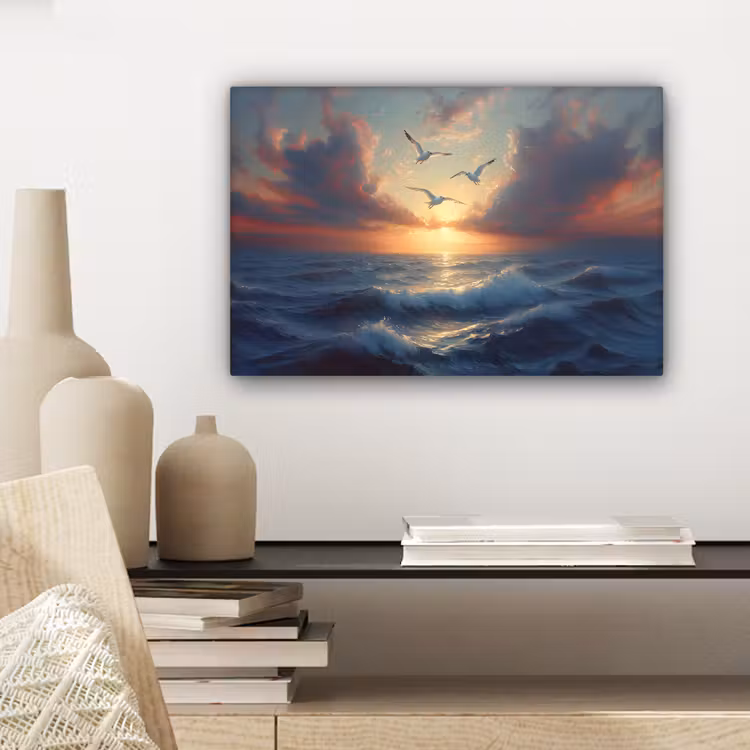 Canvas schilderij - Meeuwen - Zonsondergang - Zee - Wolken — 5