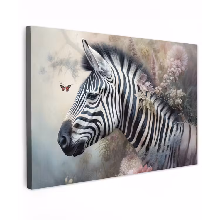 Canvas schilderij - Zebra - Wilde dieren - Vlinder - Bloemen — 1