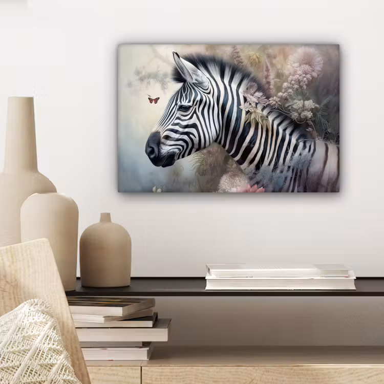 Canvas schilderij - Zebra - Wilde dieren - Vlinder - Bloemen — 5