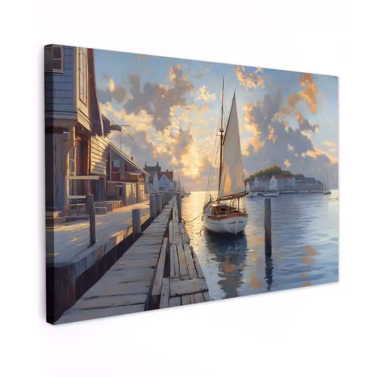 Canvas schilderij - Zeilboot - Zon - Pier - Hout — 1