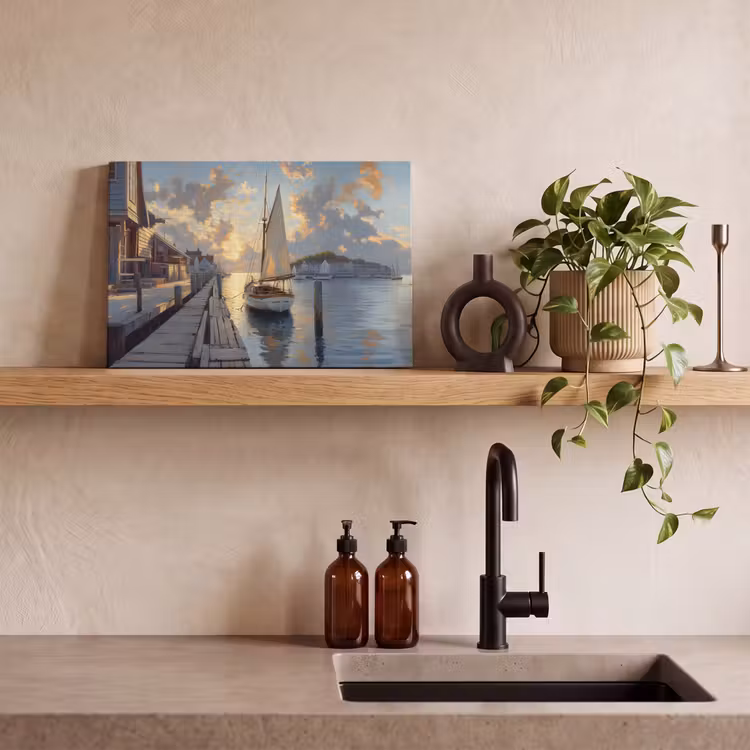 Canvas schilderij - Zeilboot - Zon - Pier - Hout — 3