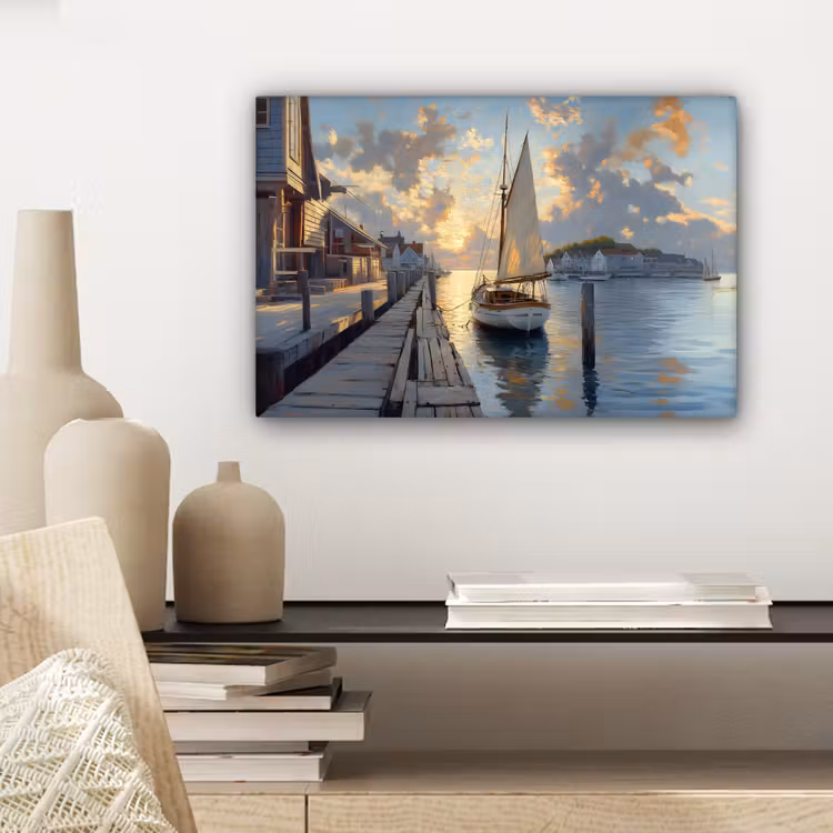 Canvas schilderij - Zeilboot - Zon - Pier - Hout — 5