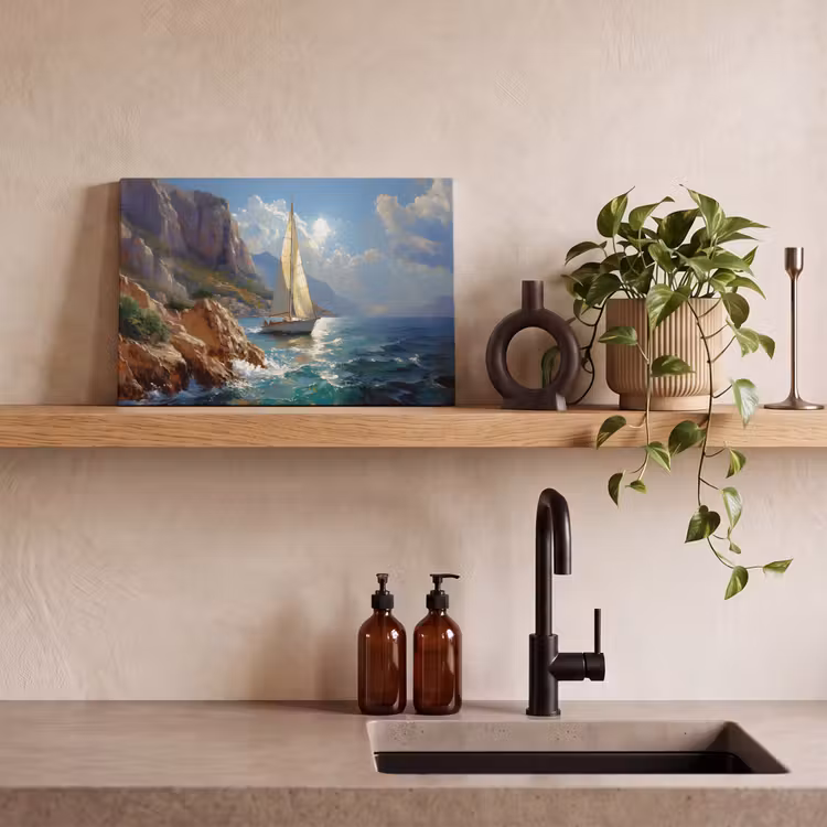 Canvas schilderij - Zeilschip - Zee - Rotsen - Wolken — 3