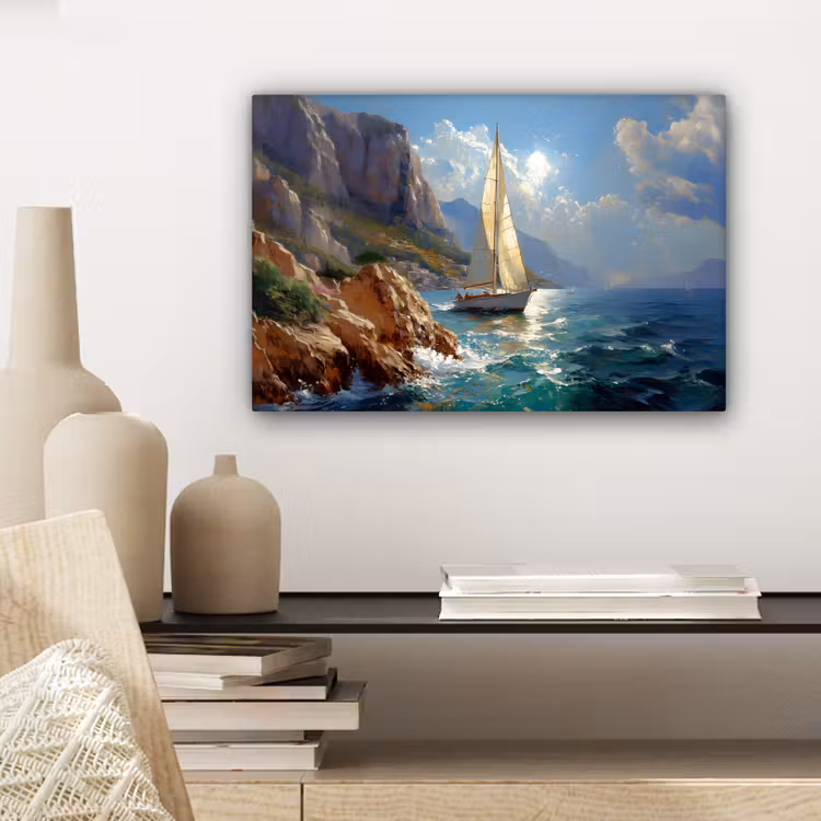 Canvas schilderij - Zeilschip - Zee - Rotsen - Wolken — 5