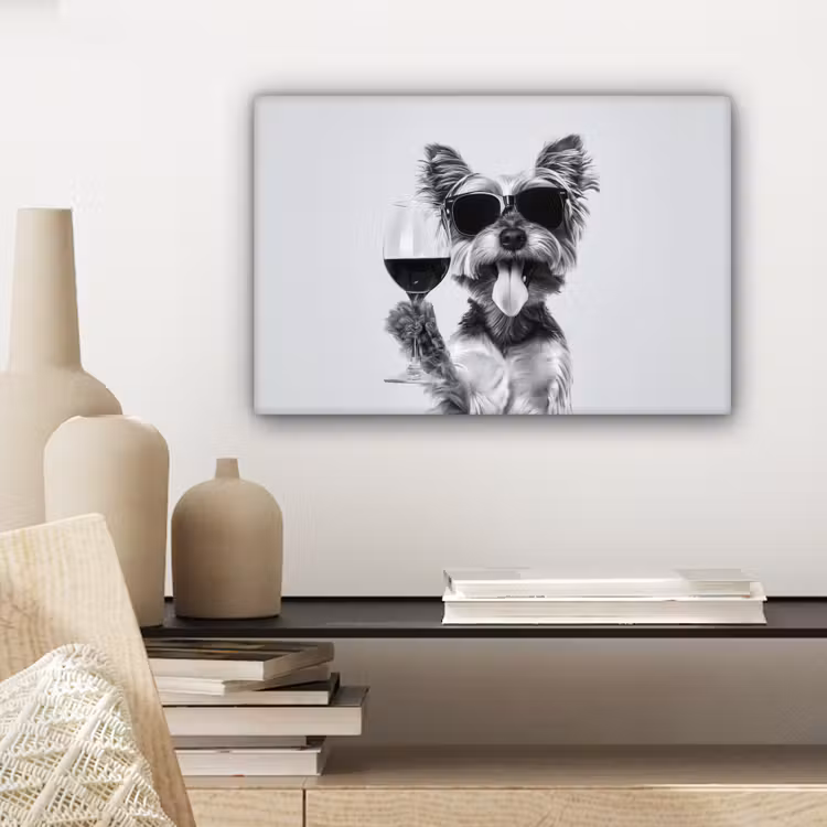 Canvas schilderij - Hondje - Wijnglas - Zonnebril - Enthousiast — 5