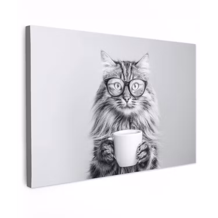 Canvas schilderij - Kat - Bril - Mok - Pluizig — 1