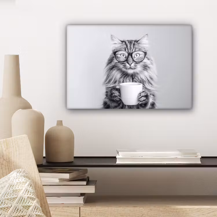 Canvas schilderij - Kat - Bril - Mok - Pluizig — 5