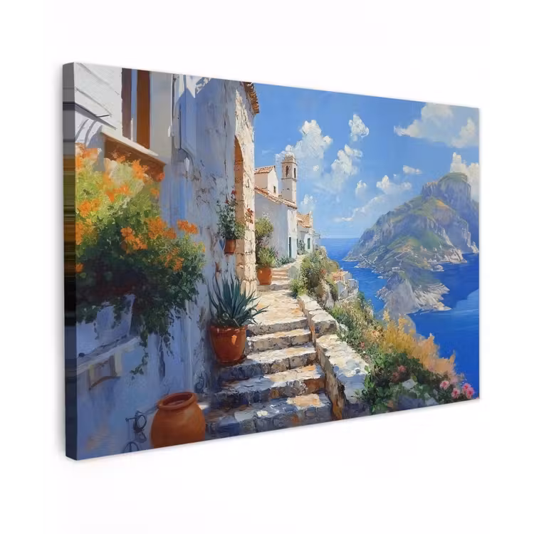 Canvas schilderij - Trap - Huizen - Berglandschap - Zee — 1