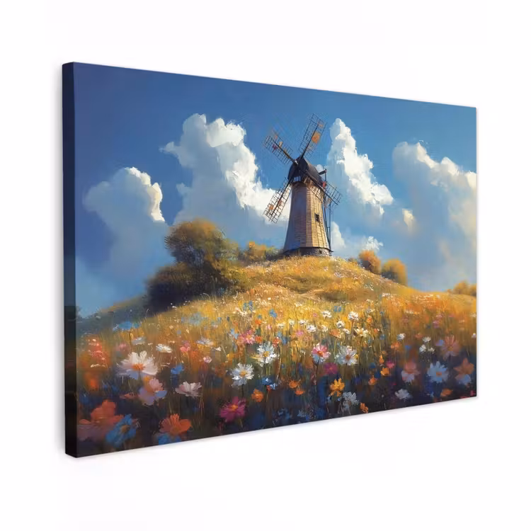 Canvas schilderij - Windmolen - Heuvel - Bloemen - Kleurrijk — 1