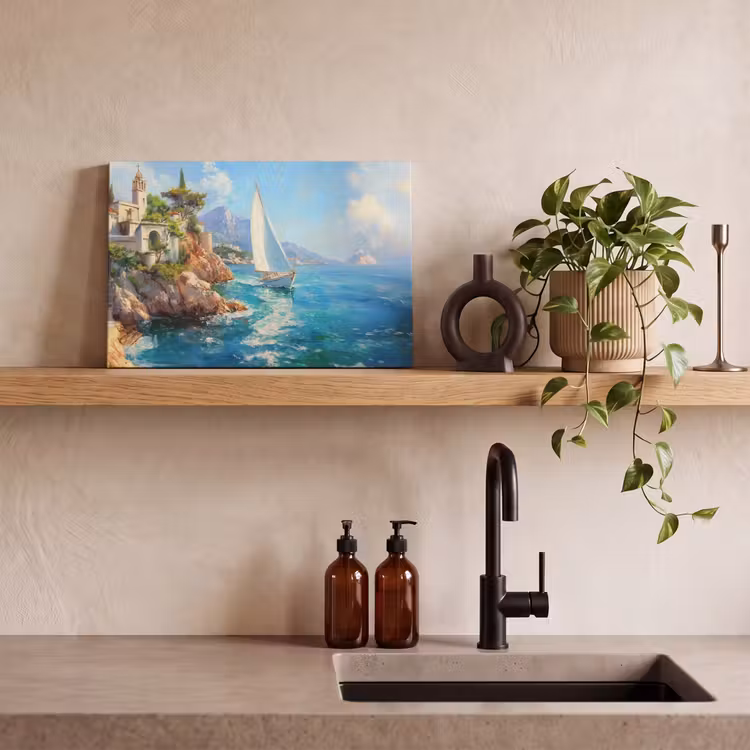 Canvas schilderij - Zeilboot - Rotsen - Kust - Huizen — 3