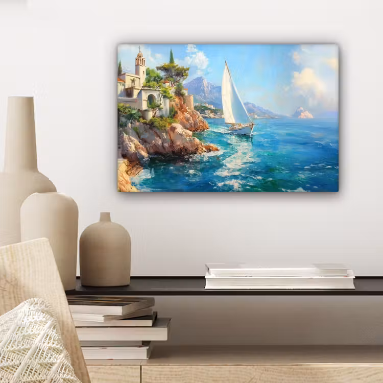 Canvas schilderij - Zeilboot - Rotsen - Kust - Huizen — 5