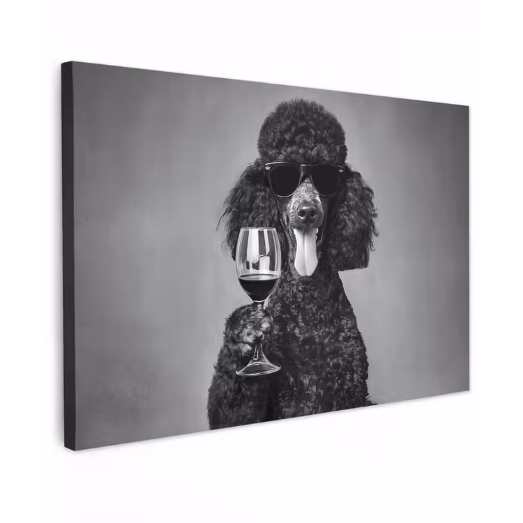 Canvas schilderij - Hond - Krullen - Zonnebril - Wijn — 1