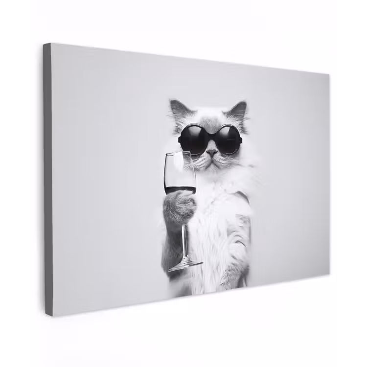 Canvas schilderij - Kat - Zonnebril - Wijnglas - Langharig — 1
