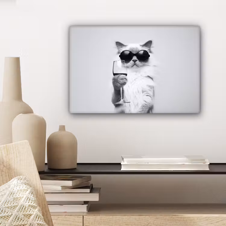Canvas schilderij - Kat - Zonnebril - Wijnglas - Langharig — 5