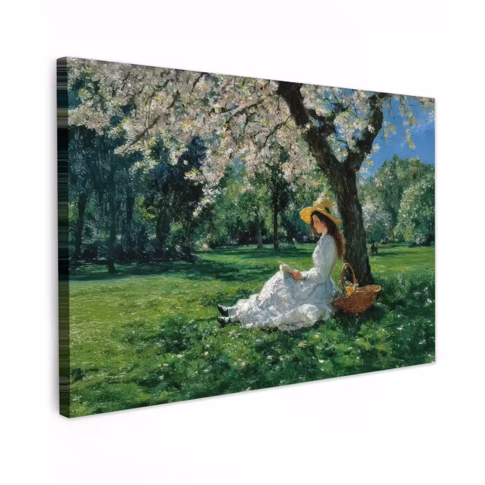 Canvas schilderij - Vrouw - Boom - Boek - Mandje — 1