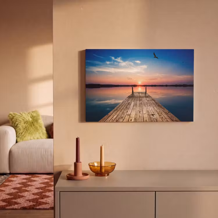 Canvas schilderij - Steiger - Water - Zonsondergang - Roze - Horizon — 2