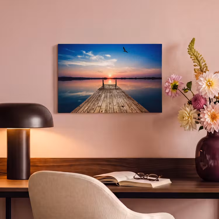 Canvas schilderij - Steiger - Water - Zonsondergang - Roze - Horizon — 4