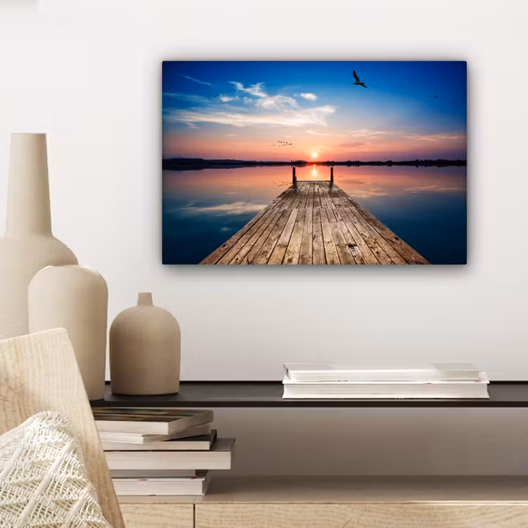 Canvas schilderij - Steiger - Water - Zonsondergang - Roze - Horizon — 5