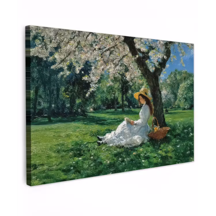 Canvas schilderij - Vrouw - Boom - Boek - Mandje — 1
