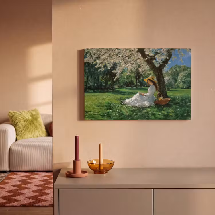 Canvas schilderij - Vrouw - Boom - Boek - Mandje — 2