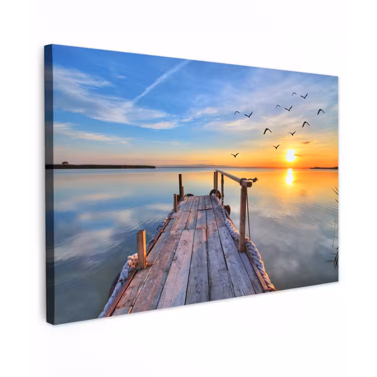 Canvas schilderij - Water - Steiger - Vogels - Zonsondergang - Horizon — 1