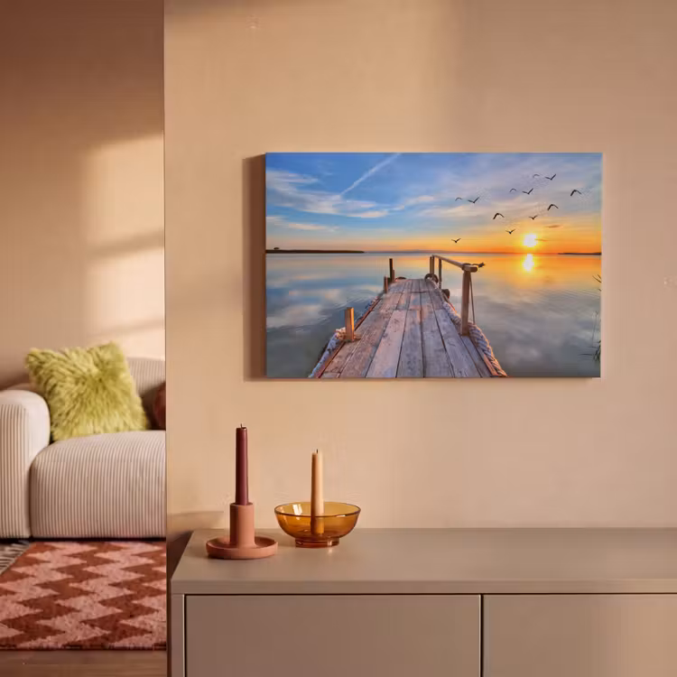 Canvas schilderij - Water - Steiger - Vogels - Zonsondergang - Horizon — 2
