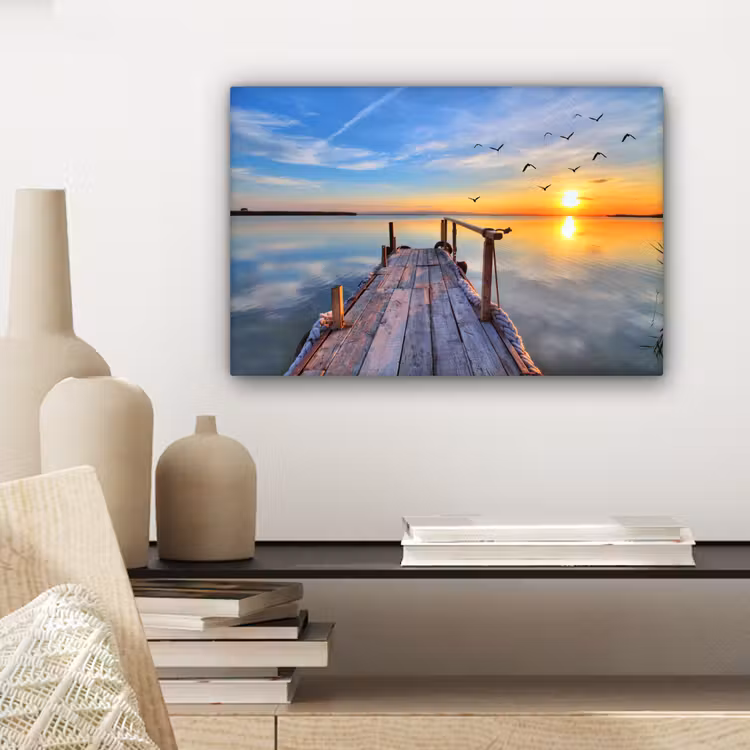 Canvas schilderij - Water - Steiger - Vogels - Zonsondergang - Horizon — 5