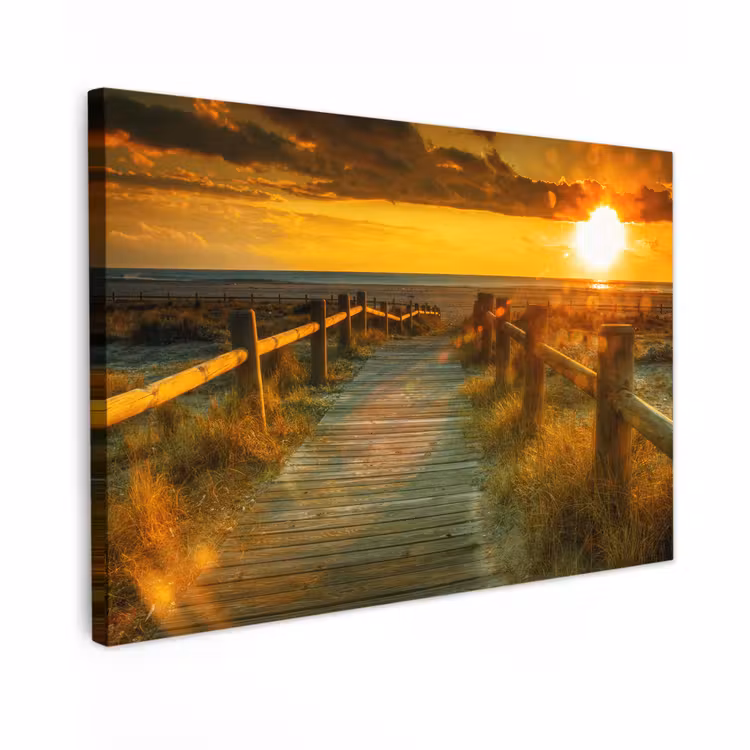 Canvas schilderij - Zon - Strand - Duin - Horizon - Gras - Pad - Oranje — 1