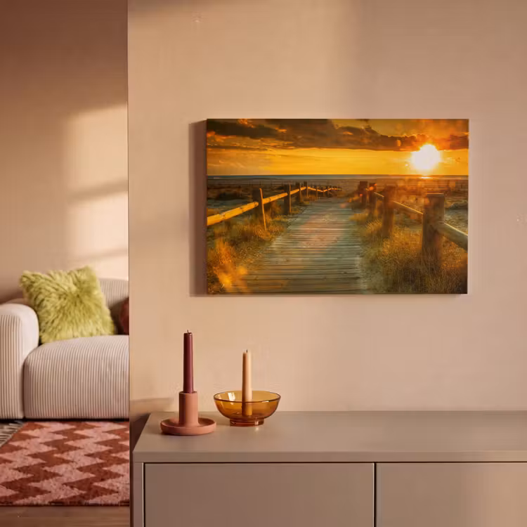 Canvas schilderij - Zon - Strand - Duin - Horizon - Gras - Pad - Oranje — 2